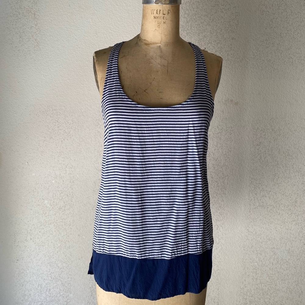 Lightweight Splendid navy blue and white striped racerbank tank, size medium